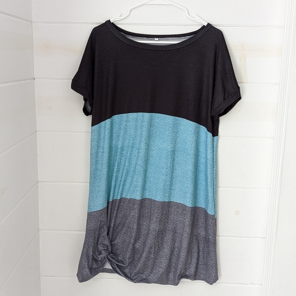Green and Black color block twist hem shift dress